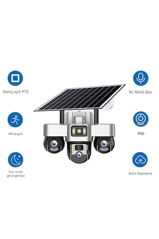6mp 3 Lensli Güneş Enerjili Sım Ptz - V380pro İle Canlı/kayıt İzleme, İki Yönlü Sesli İletişim, 7/24 Kayıt