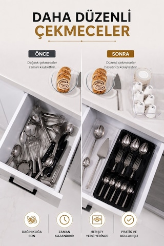Çekmece İçi Kaşıklık Organizer Bölmeli Mutfak Düzenleyici Siyah S-11030
