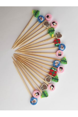 100 Adet Dekoratif Yılbaşı Temalı Fimo Boncuklu Kürdan 6,5 Cm-karışık Model-happy New Year Toothpick
