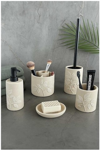 Primanova Leaf Banyo Seti 5 Parça - Bej Beyaz