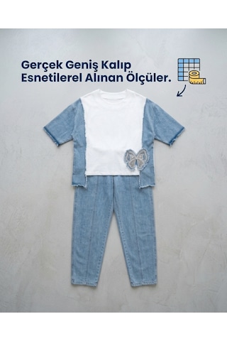 Büyük Beden Tencel Bisiklet Yaka Fiyon Taş Boncuk İşlemeli Beli Lastikli Cepli Mom Kadın Alt Üst Takım Ekru