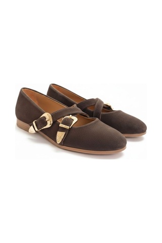 Ne&ve Shoes Kahve Süet Hakiki Deri Çapraz Bantlı Aksesuar Detaylı Kadın Yuvarlak Burun Babet Kahverengi