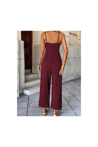 Butik İstanbul Kadın Ip Askılı V Yakalı Etnik Serit Desenli Cep Detaylı Janjan Krep Tulum Bordo