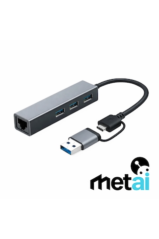 Metai Type-c Hub Adaptör 4in1 3x Usb 3.0 + 1000 Mbps Gigabit Ethernet Rj45 Lan Dönüştürücü
