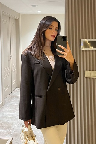 Kadın Oversize Kruvaze Blazer Ceket Uzun Kollu, Şık Ve Günlük Klasik Ceket-lacivert - L Kahverengi