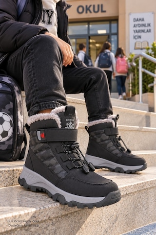 Muggo Peak İçi Kürklü Cırtlı Ve Bağcıklı Unisex Çocuk Kar Botu Siyah