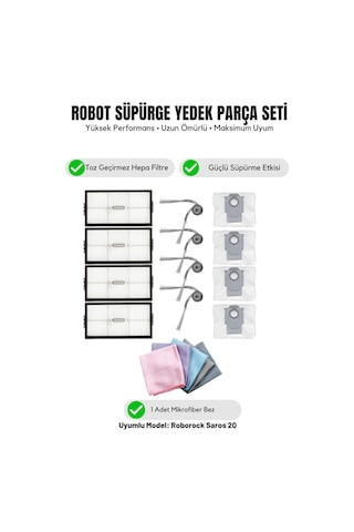 Roborock Saros 20 İle Uyumlu 4 Yan Fırça 4 Filtre 4 Toz Torbası 1 Temizlik Bezi 14.0