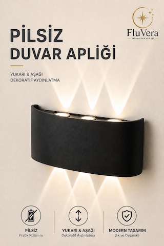 Çift Yönlü Pilsiz Gün Işığı Duvar Lambası İç Dış Mekan Duvar Aydınlatma Dekoratif Led Aplik Siyah