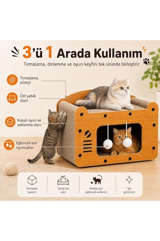 Kedi Tırmalama Evi - Ahşap Kedi Oyun Evi 56x27x30 Cm - Karton Tırmalama Tahtalı Uyku Yuvası - Sallanan Top Oyuncakl