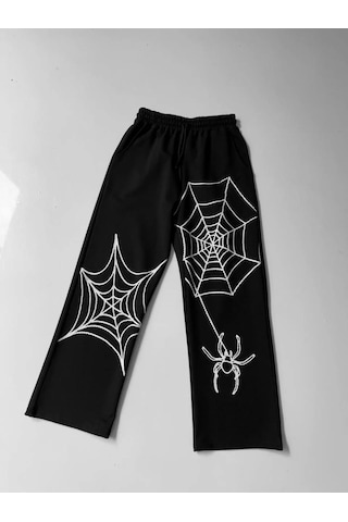 İki İplik Kumaş Örümcek Baskılı Esofman - Siyah Siyah