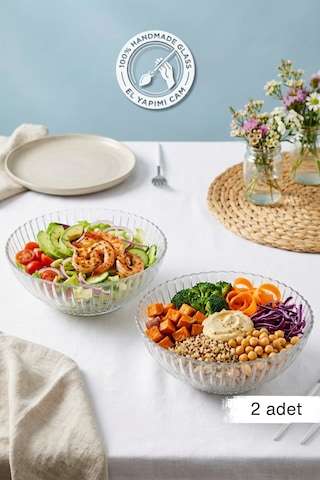 Glamis Selen Concept Çuha Model El Yapımı Cam Salata Ve Sunum Kasesi 2'li Set Şeffaf