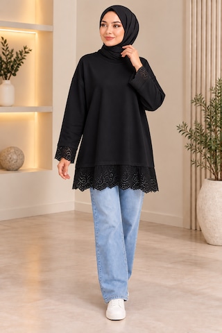 Aymiraa Kadın Dantel Detaylı Uzun Tunik Tesettür Sweatshirt Bisiklet Yaka Rahat Kesim SiYAH