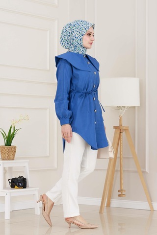 Sevitli Beli Bağcık Detaylı Geniş Yaka Tunik-indigo-4994 Indigo
