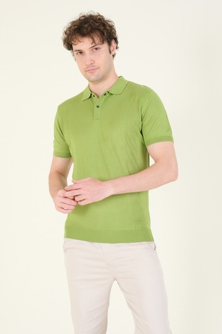 Giyim Dünyası Erkek Yanları Desenli Polo Yaka Merserize T-shirt Yeşil 001