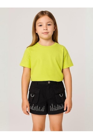 Kız Çocuk Taş İşlemeli Şort-15977 Siyah