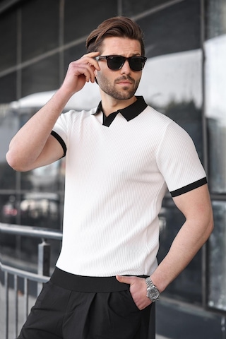Madmext Beyaz Polo Yaka Triko Erkek Tişört E7464 Beyaz