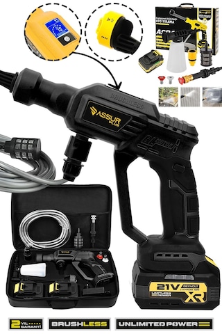 Assur Plus 21V Kömürsüz Motor Yüksek Basınçlı Akülü Oto Araba Yıkama Makinesi Şarjlı - 2856