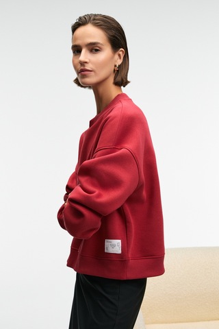 Grımelange Serenya Kadın Pamuklu Etiket Detaylı Bisiklet Yaka Kırmızı Sweatshirt Kırmızı