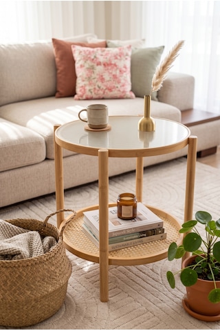 Robin Home Bambu Temperli Camlı Rattan Raflı Yuvarlak Yan Sehpa 45 45cm Bej