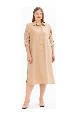 Galaxi Kadın Büyük Beden Katlanabilir Kol Düğmeli Elbise 4008 Camel