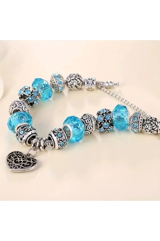 Yeni Tarz ,mavi Otantik Taşlı Crystal Kalp , Sevgi Charmlı Bileklik, Ahşap Kutu İçerisinde Gümüş Gümüş