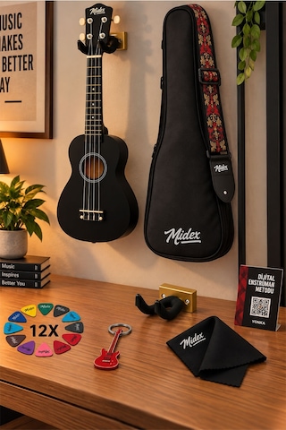 Midex UKX-901BK Siyah Soprano Ukulele (Askı Çanta Metod Pena)