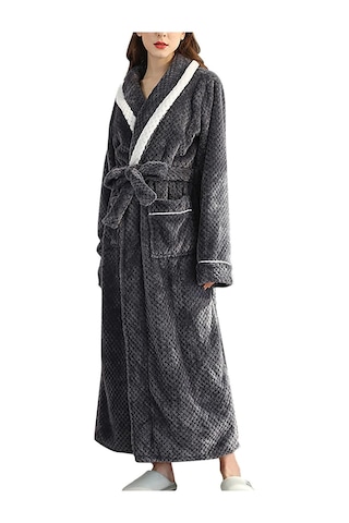 Bayan Sabahlık Flanel Cepli Havlu Sabahlık Kadın Bornoz Kemerli Mavi