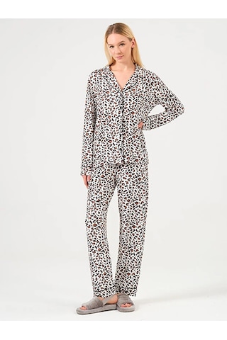 Dofi Kadın Düğmeli Leoparlı Pijama Takımı - Kahverengi