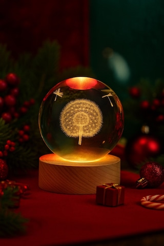 3d Karahindiba Temalı Kristal Küre Gün Işığı Led Gece Lambası Usb'li Ahşap Standlı Led Lamba