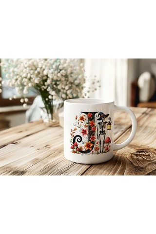 J Harfi Şapkalı İskelet Figürlü Ve Çiçekli Kupa Bardak - Cadılar Bayramı / Halloween Özel Hediye 07 Beyaz