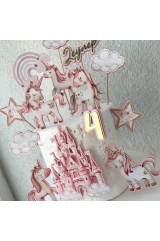 Unicorn Temalı Kız Çocuk Doğum Günü İsme Özel 3d Pasta Süsü Seti Cake Topper Çocuk