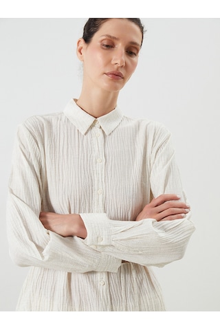 Lcwaıkıkı Classic Beyaz Keten Karışımlı Oversize Kadın Gömlek Tunik