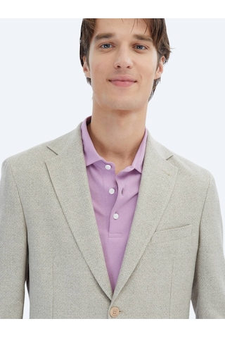 Kip Açık Haki Desenli Modern Fit Keten Karışımlı Ceket Açık Haki