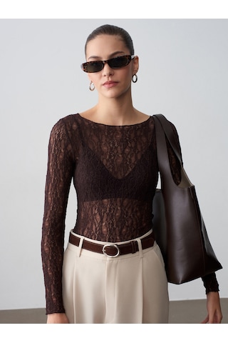 Dilvin 32764 Kayık Yaka Dantel Top-koyu Kahve