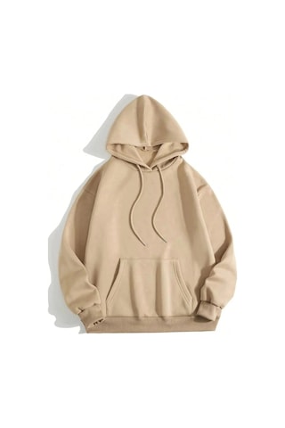 Mbb E-ticaret Erkek 3 İplik Pamuklu Kapüşonlu Kanguru Cepli Sweatshirt Hoodie - Bej