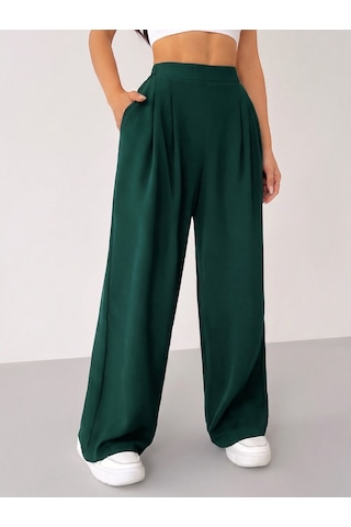 Genius Store Kadın Pantolon Scuba Krep Kumaş Beli Lastikli Cepli Pileli Geniş Paça Palazzo Pantolon Scuba-crep Yeşil
