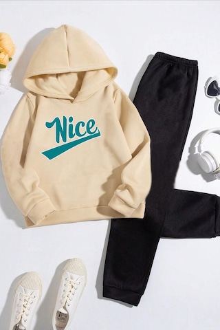 Çocuk Nice Baskılı Eşofman Takımı Bej - Siyah