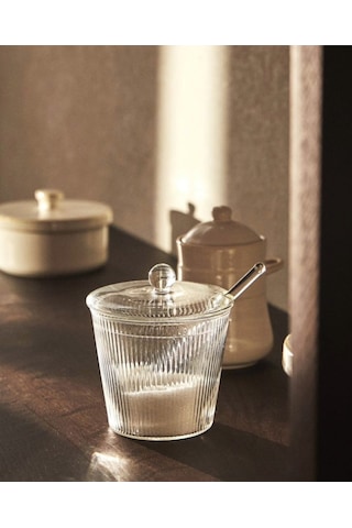 Morponi Borosilikat Cam Kaşıklı Cam Kapaklı Çizgili Tuzluk & Şekerlik