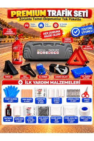 Trafik Ve İlk Yardım Seti Tüvtürk Muayene Uyumlu Ce Belgeli Abc 1kg Yangın Söndürücü Ve E Belgeli Reflektör-gri