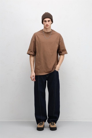 Vamos Basic Oversize Bisiklet Yaka Tişört Kahve