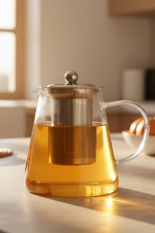 Borosilikat Cam Çelik İç Süzgeçli Bitki Çayı Demliği Kulplu 950 Ml Beyaz