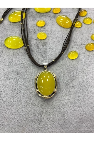 Sarı Akik Taşlı Gümüş Kolye 925 Ayar 512654324