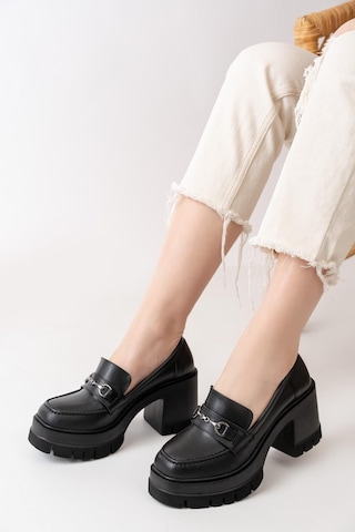 Asmi Shoes Kadın Cilt Tokalı 8 Cm Yüksek Topuklu Leofer Siyah Siyah