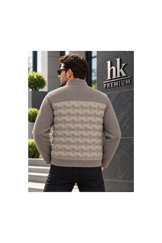 Hk Premium Erkek Mont Daire Baskı Örme Triko %100 Polyester Dik Yaka Ceket Bej