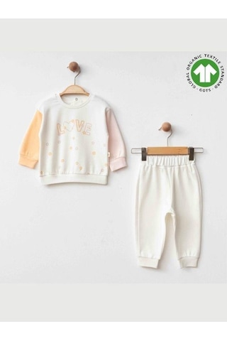Zekids Kız Bebek Kalp Desenli Love Yazılı Organik Eşofman Takım-15472 Çok Renkli