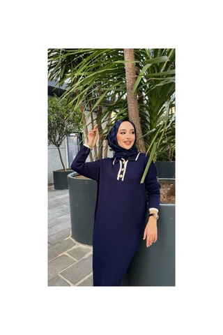 Kurgan Tekstil Kadın Oversize Düğmeli V Yaka Fitilli Triko Tesettür Elbise Günlük Kullanım Kombinlenebilir Lacivert - 711224635 Lacivert
