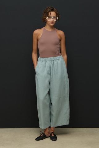 Molene Koyu Mint Kesik Detaylı Crop Barrel Keten Pantolon
