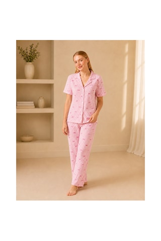 Fit Women Ekose Fiyonk Desenli Kısa Kollu Pijama Takımı Kadın Düğmeli Uzun Alt Pembe Pijama Takımı 4633