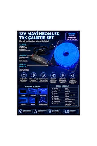 5mt Mavi Neon Led Seti 12 V Şerit Led Trafolu Tak Fişe Calistir,dekoratif Neon,esnek Veşekil Verilebilir Neon Şerit Led Mavi