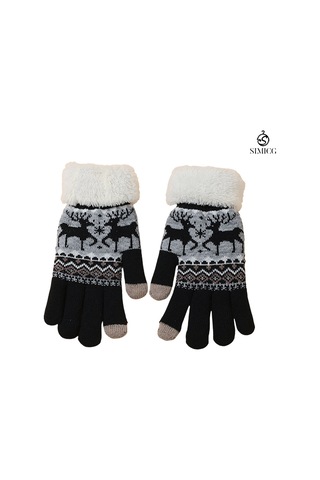Kadınlar İçin Dokunmatik Ekranlı Kadife Sıcak Sevimli Çizgi Film Geyik Yün Eldiven Siyah
